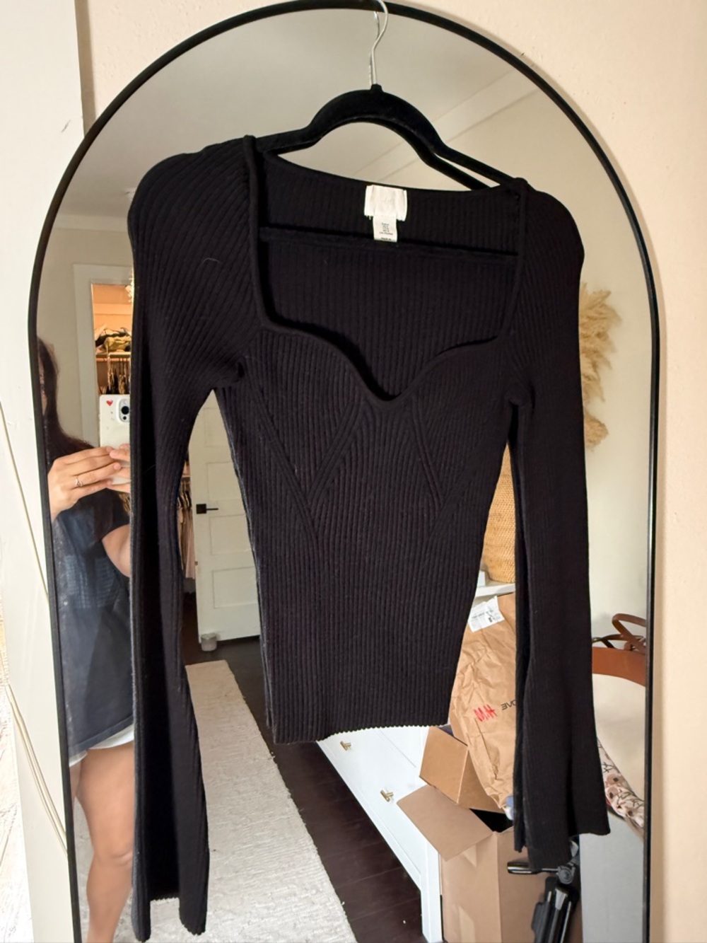 H&M Black Ribbed Sweetheart Long-Sleeve Top